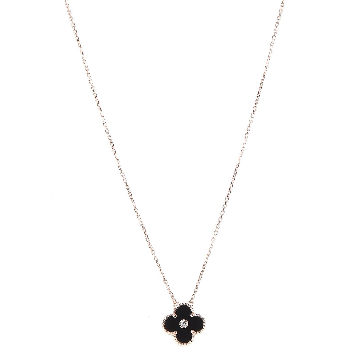 18K Rose Gold Diamond Black Onyx Vintage Alhambra Pendant Necklace