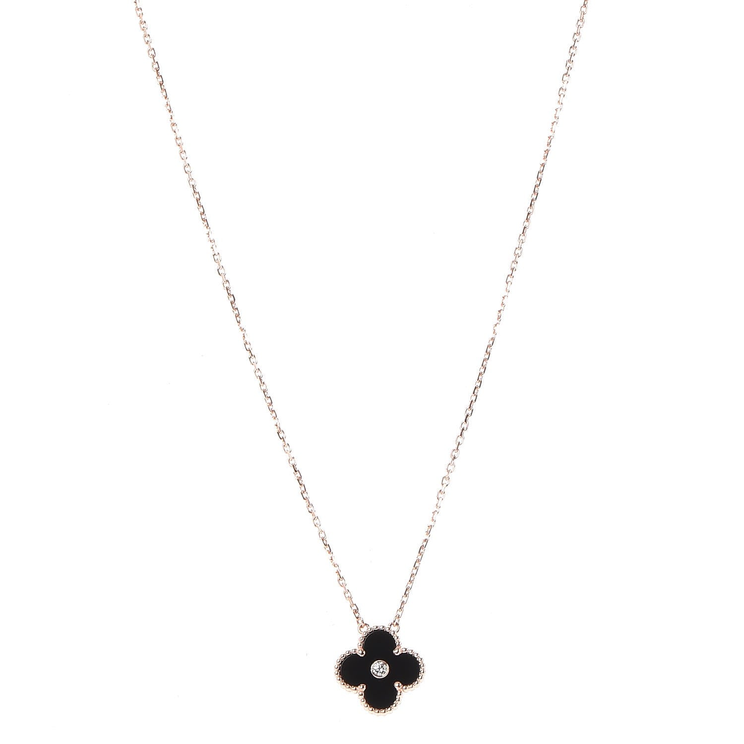 Van Cleef & Arpels 18K Rose Gold Diamond Black Onyx Vintage Alhambra Pendant Necklace 1 of 9