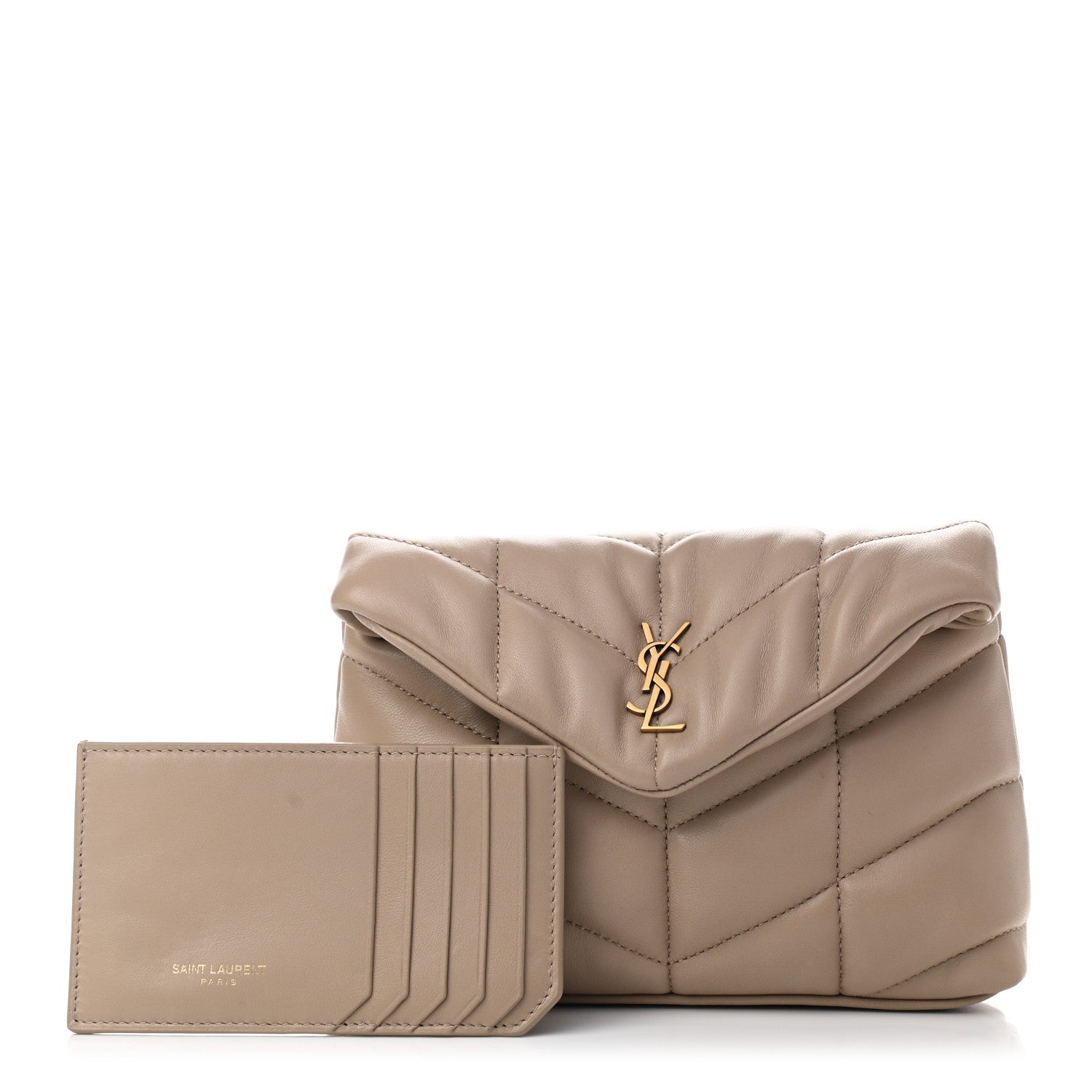 Saint Laurent Lambskin Monogram Loulou Puffer Pouch Clutch Dark Beige 1 of 11