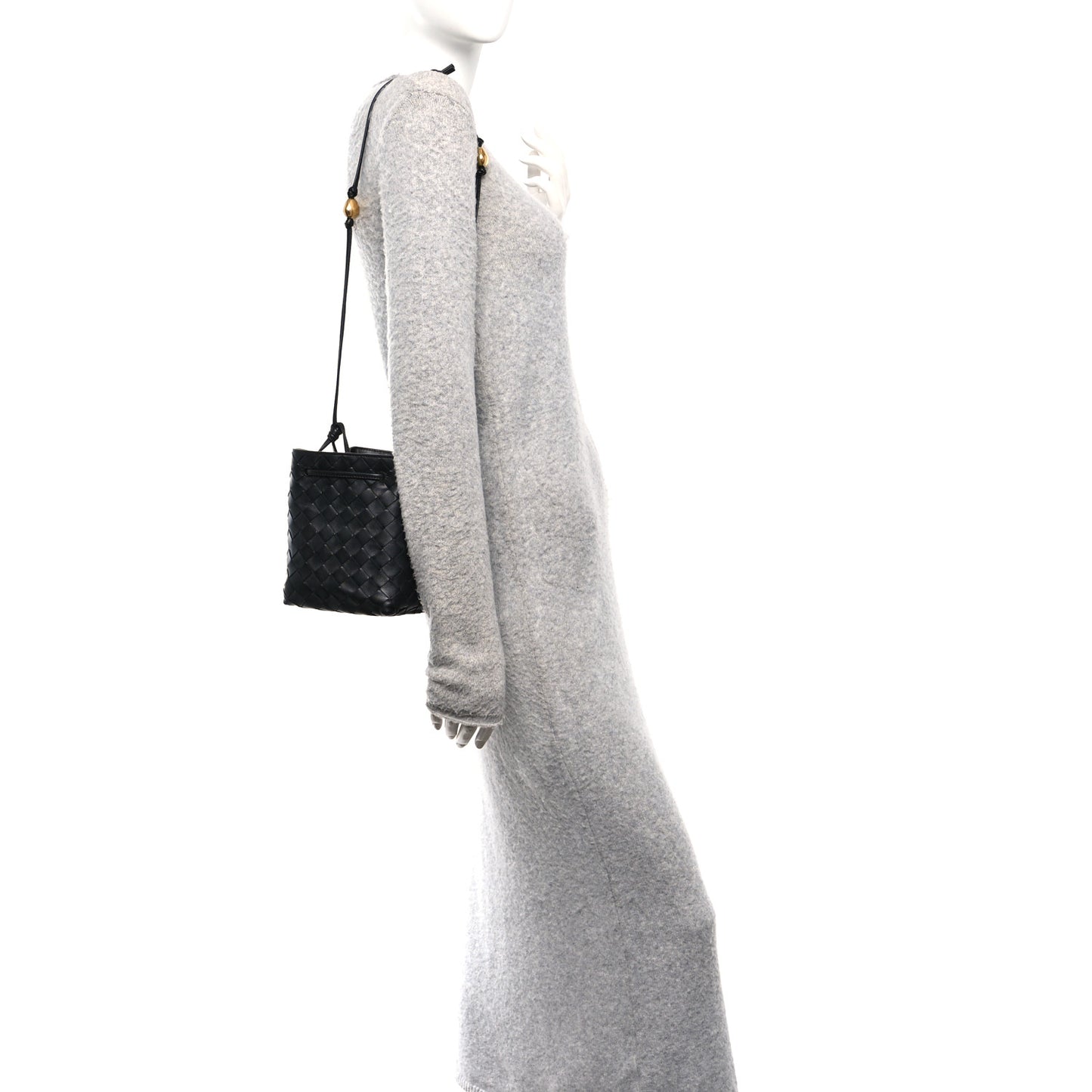 Nappa Intrecciato Small Drawstring Bucket Bag Black