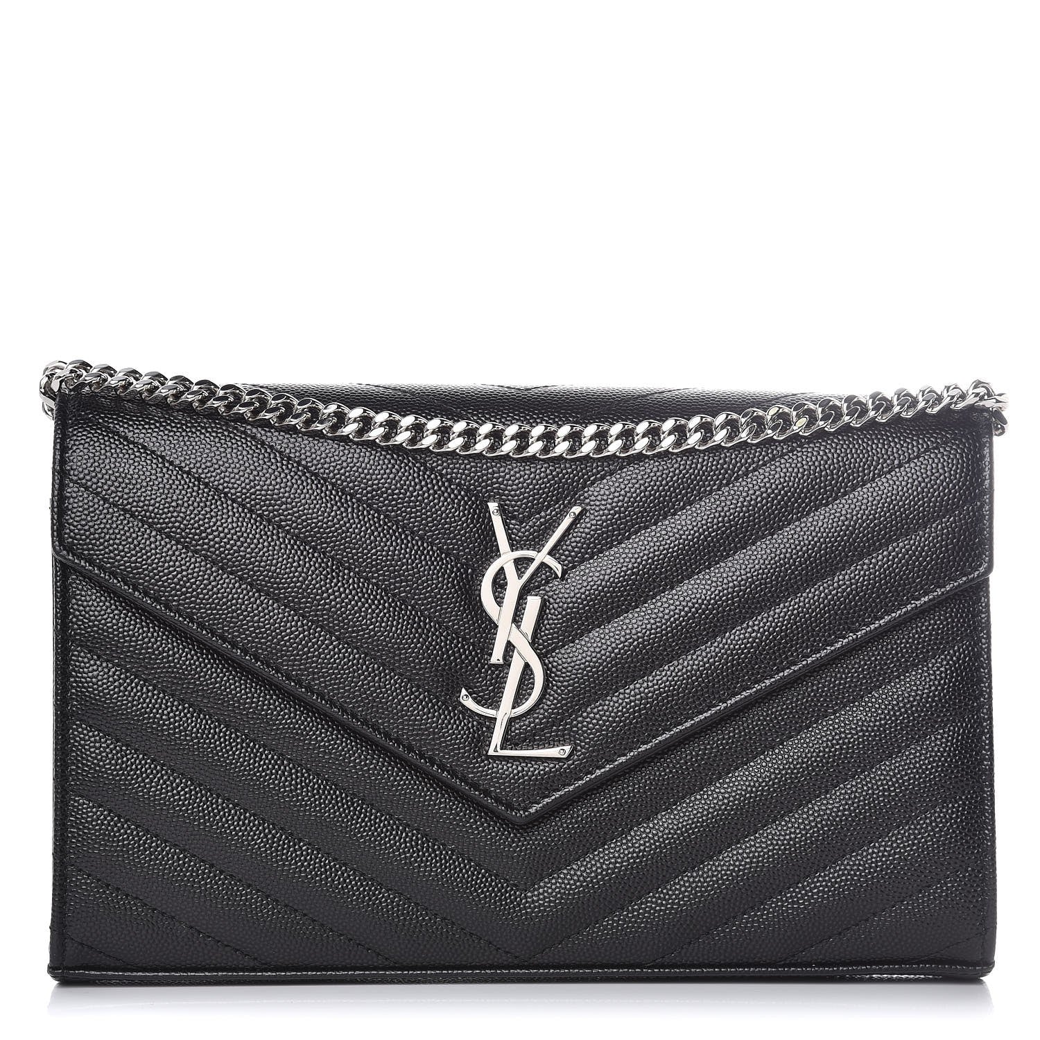 Saint Laurent Grain De Poudre Matelasse Chevron Monogram Chain Wallet Black 1 of 7