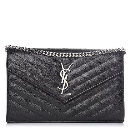 Saint Laurent Grain De Poudre Matelasse Chevron Monogram Chain Wallet Black 1 of 7