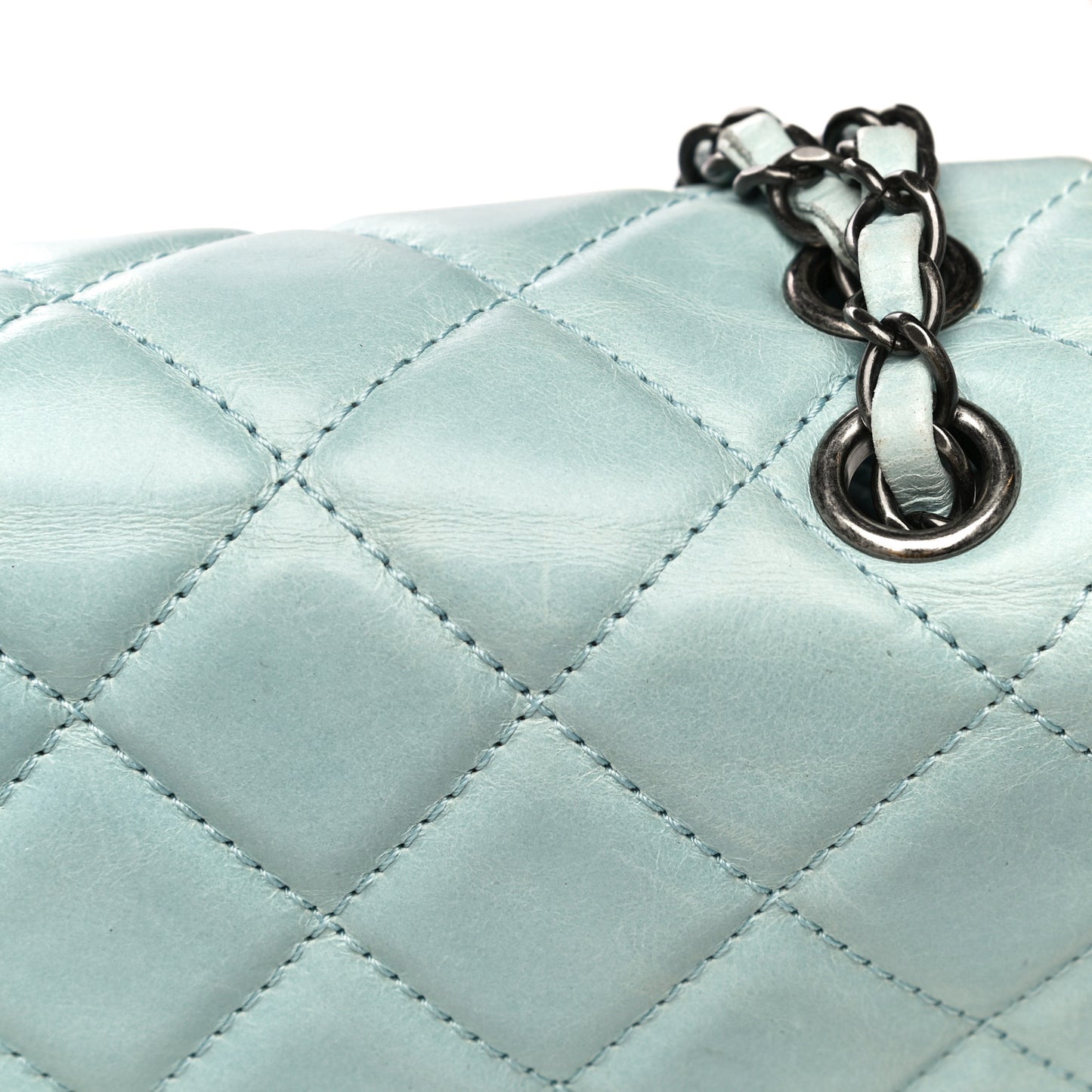 Glazed Calfskin Quilted Large Coco Soft Flap Light Blue