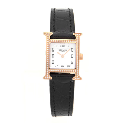 Hermes 18K Rose Gold Alligator Diamond Bezel Mother of Pearl 17.2mm Heure H Hour Quartz Watch Noir 1 of 5
