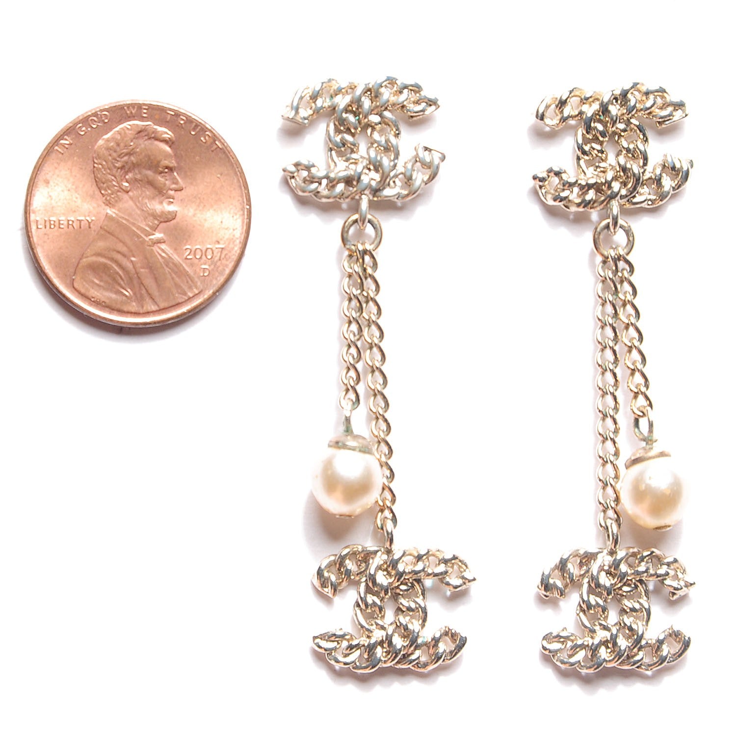 Chanel Chain Pearl CC Drop Earrings Light Gold 2 of 3