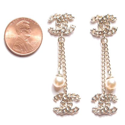 Chanel Chain Pearl CC Drop Earrings Light Gold 2 of 3