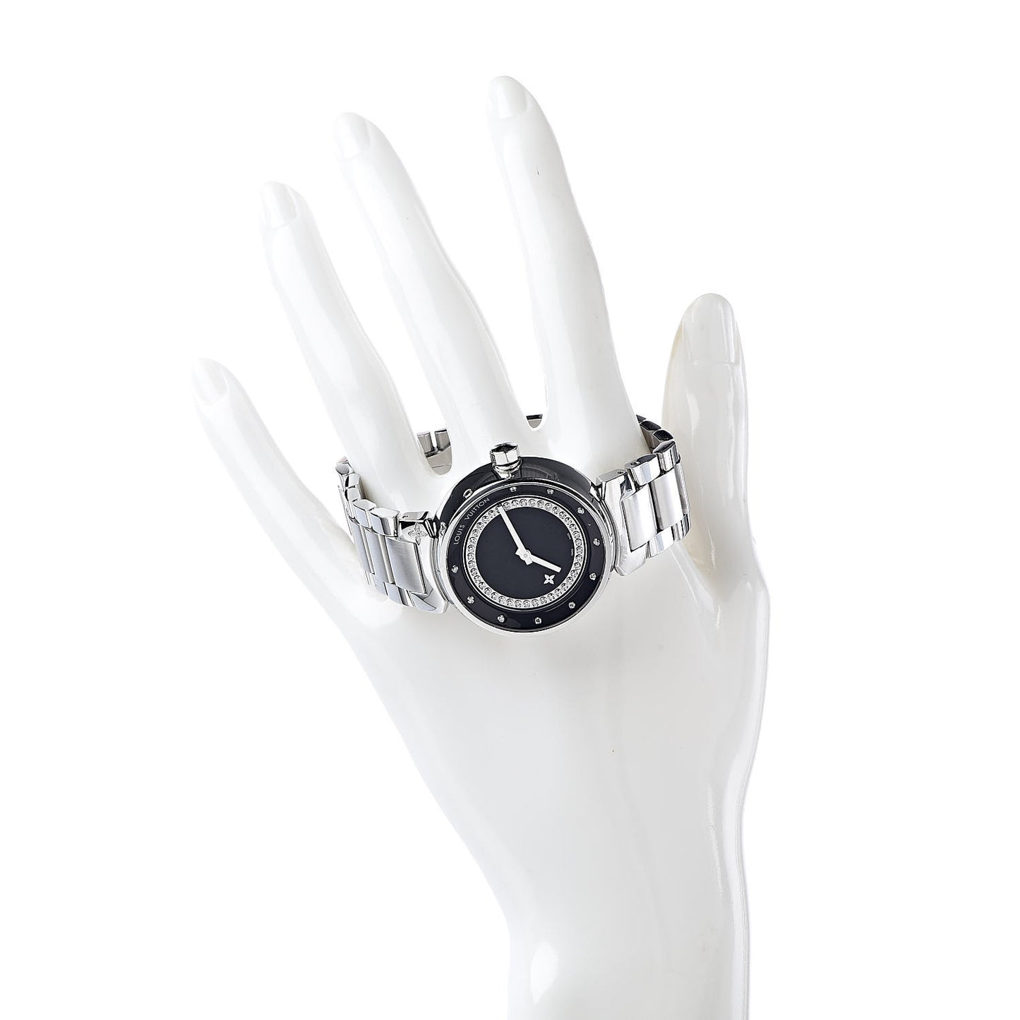 Stainless Steel Diamond 34mm Tambour Quartz Watch Black