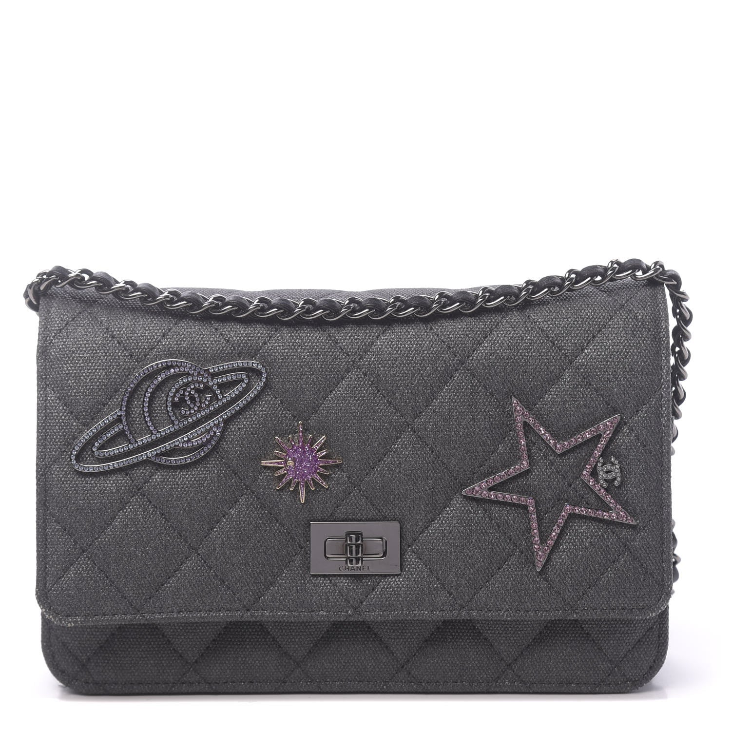 Chanel Metallic Canvas Quilted Space Charms Wallet On Chain WOC Grey 1 of 13