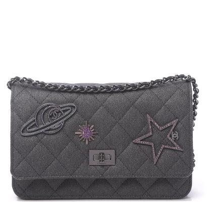 Chanel Metallic Canvas Quilted Space Charms Wallet On Chain WOC Grey 1 of 13
