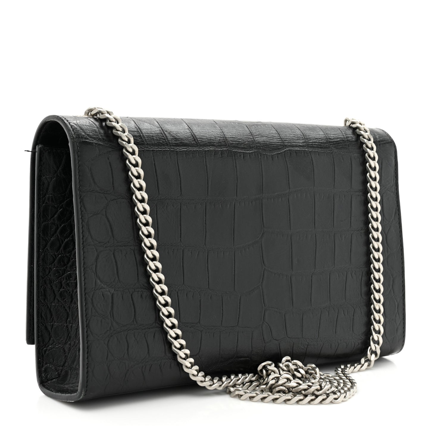 Calfskin Crocodile Embossed Medium Classic Monogram Kate Tassel Satchel Black