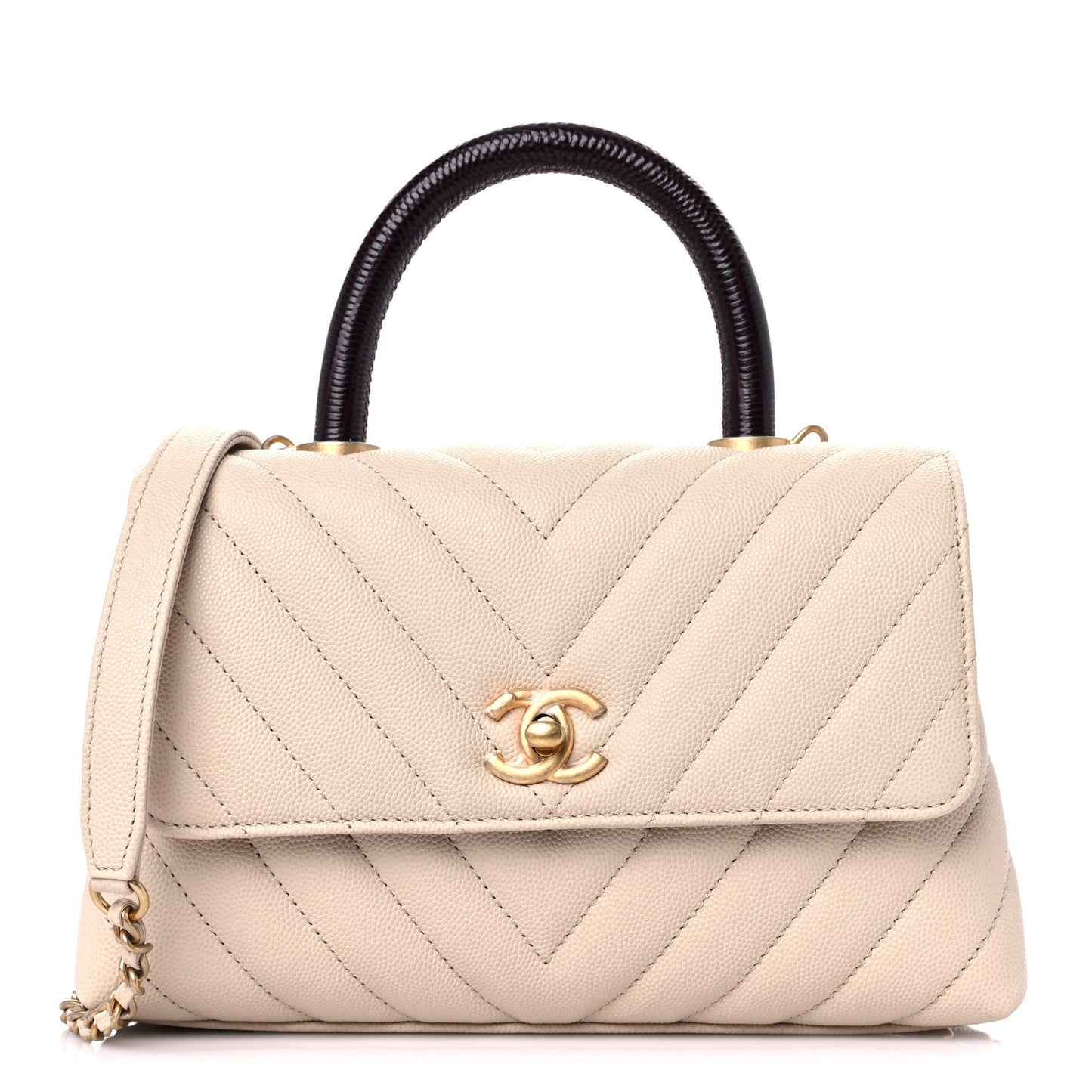 Caviar Lizard Chevron Quilted Mini Coco Handle Flap Ivory