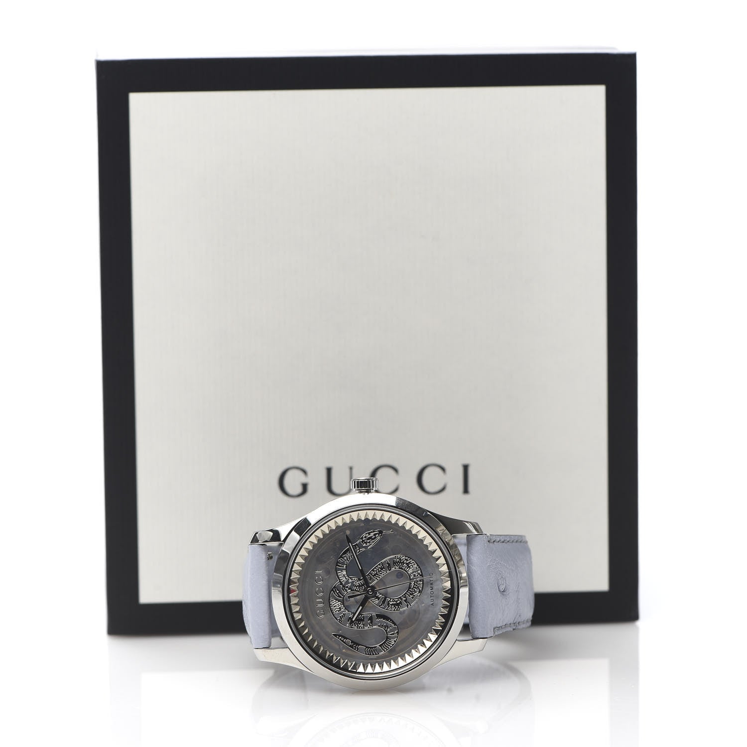 Gucci Stainless Steel Ostrich Blue Mother of Pearl 38mm G-Timeless Snake Automatic Watch 13 of 14