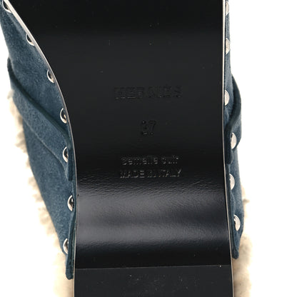Hermes Suede Goatskin Woolskin Carlotta Mules 37 Bleu Pinede 6 of 8