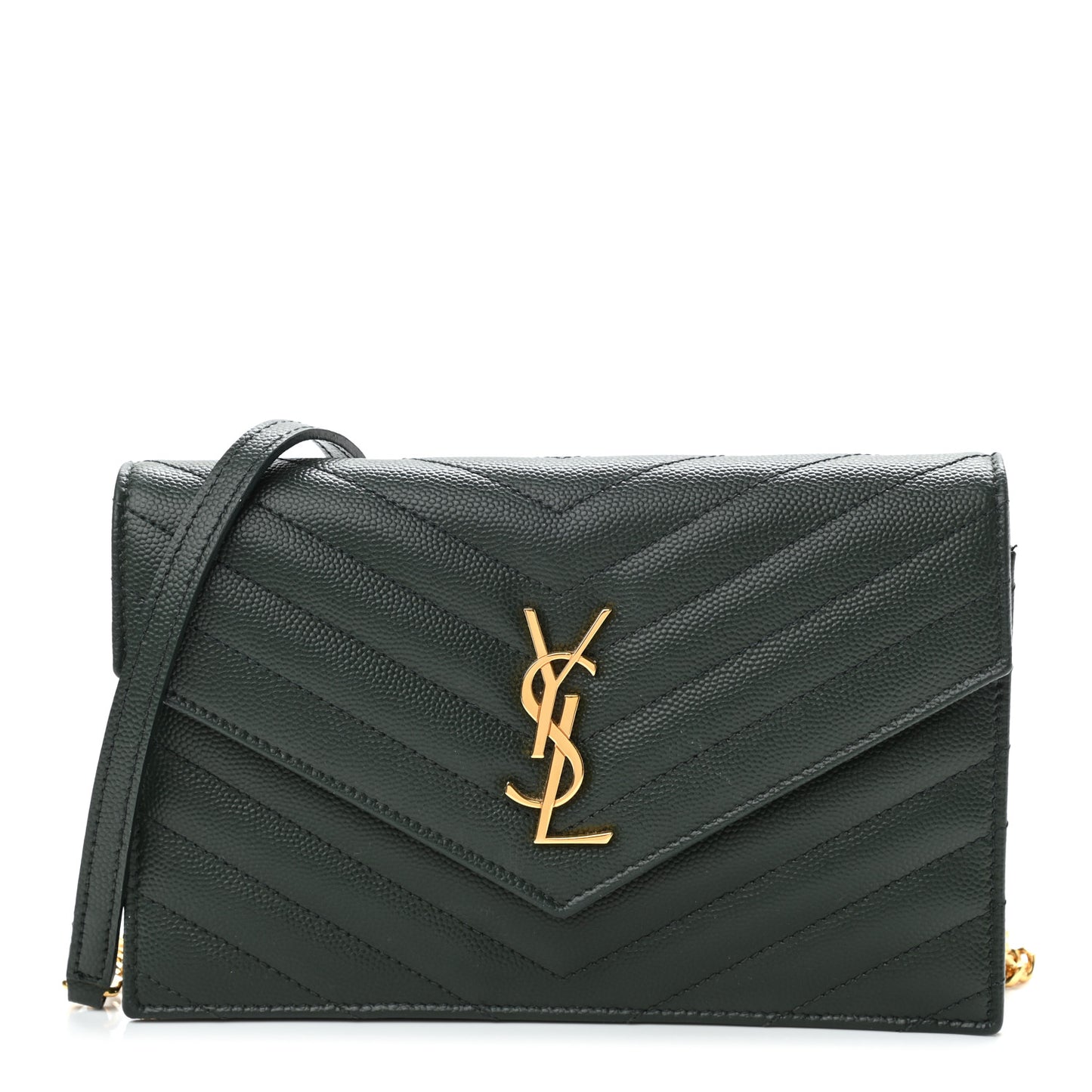 Grain De Poudre Matelasse Chevron Monogram Envelope Chain Wallet Dark Green