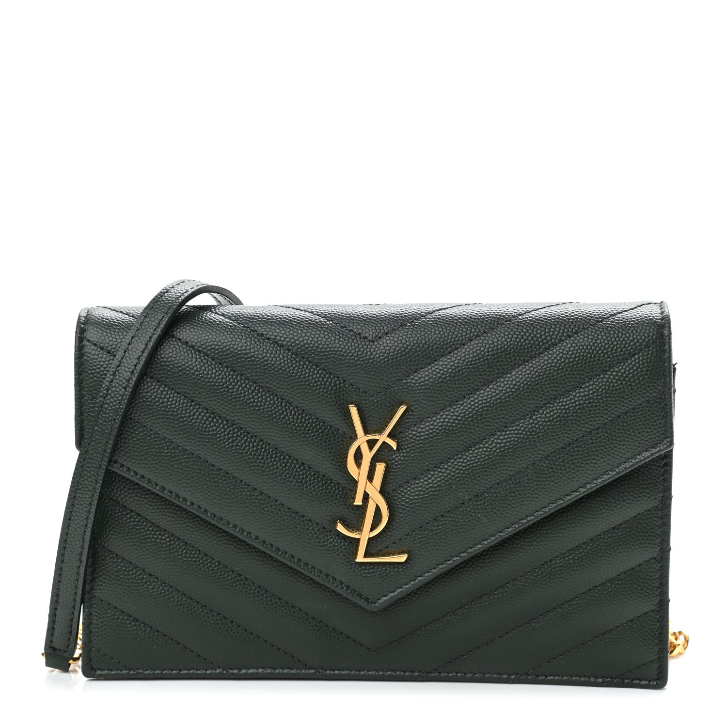 Saint Laurent Grain De Poudre Matelasse Chevron Monogram Envelope Chain Wallet Dark Green 1 of 10