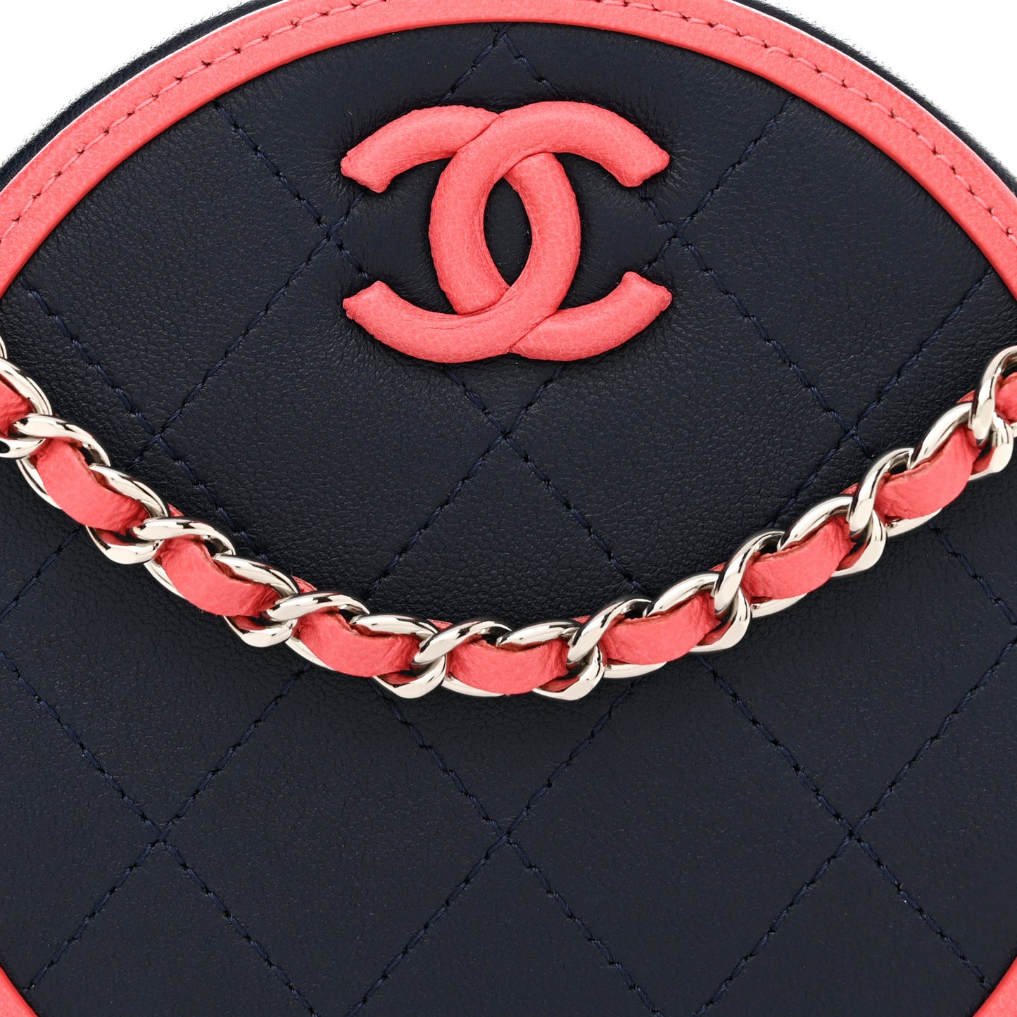 Lambskin Quilted Round Clutch With Chain Navy Pink