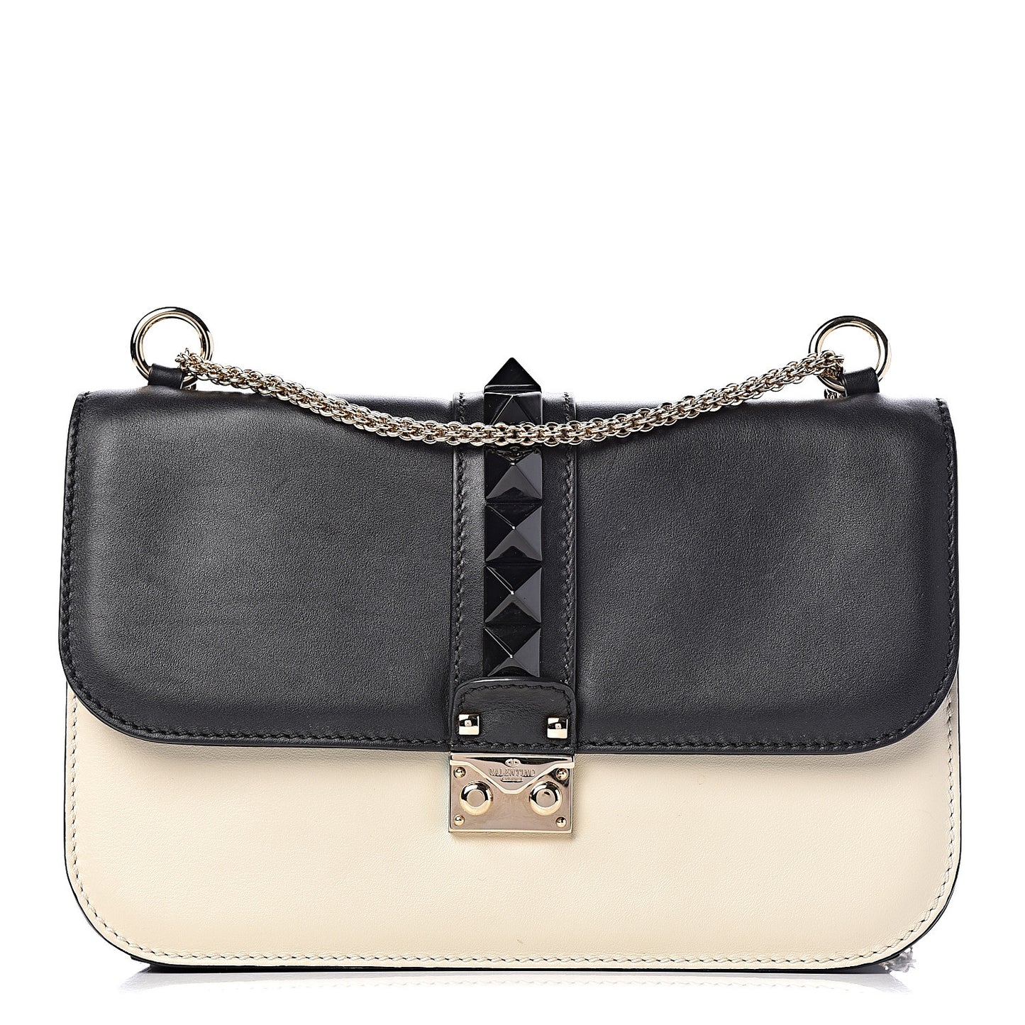 Vitello Medium Glam Lock Rockstud Flap Black Light Ivory
