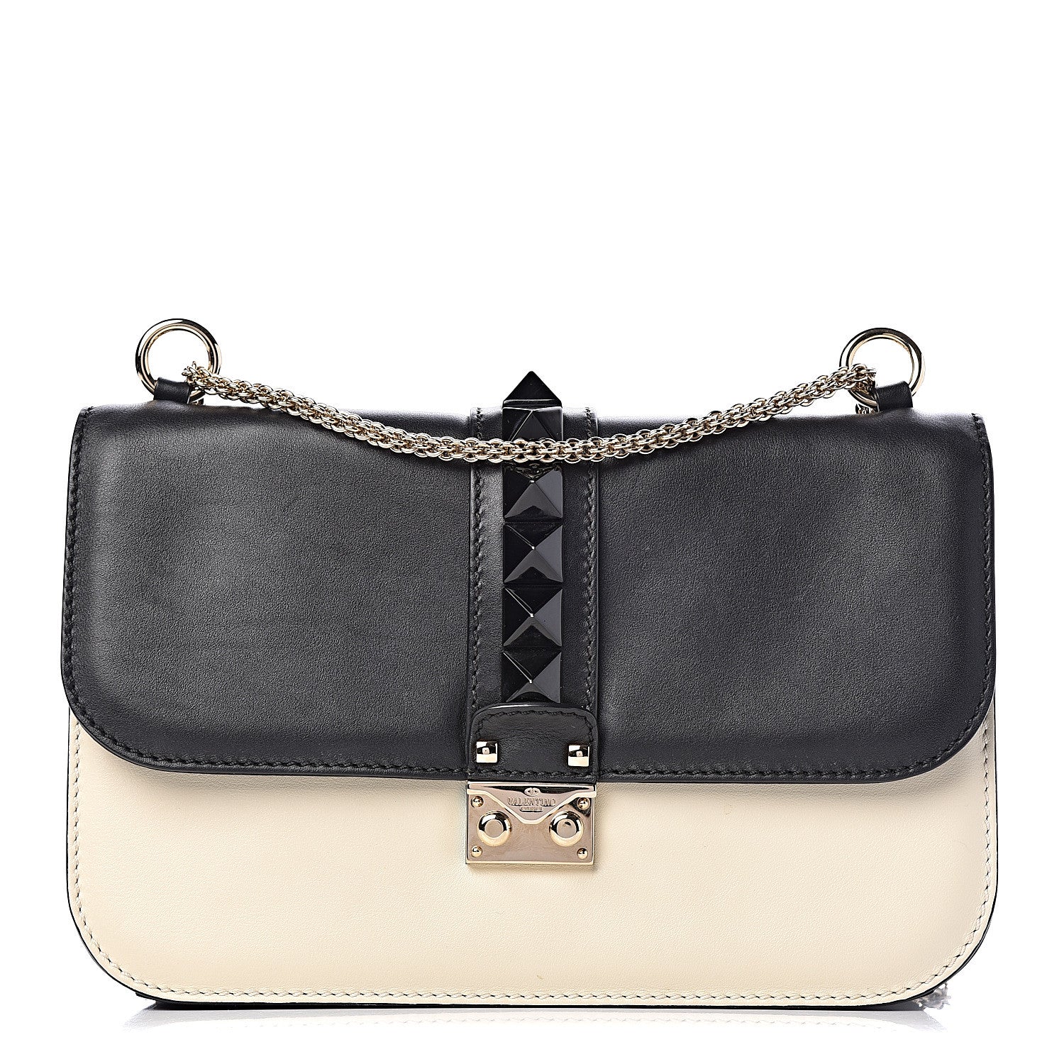 Valentino Garavani Vitello Medium Glam Lock Rockstud Flap Black Light Ivory 1 of 13