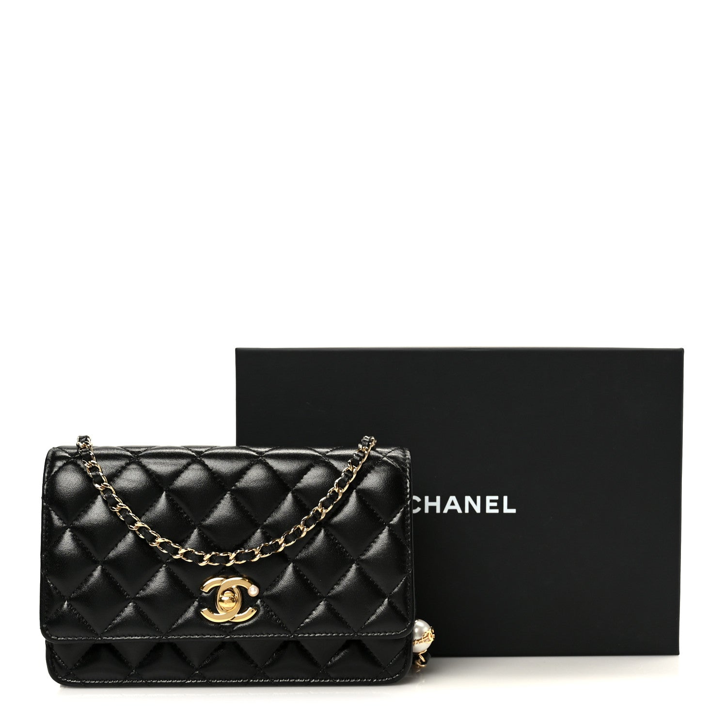 Chanel Shiny Lambskin Quilted CC Pearl Wallet on Chain WOC Black 13 of 13