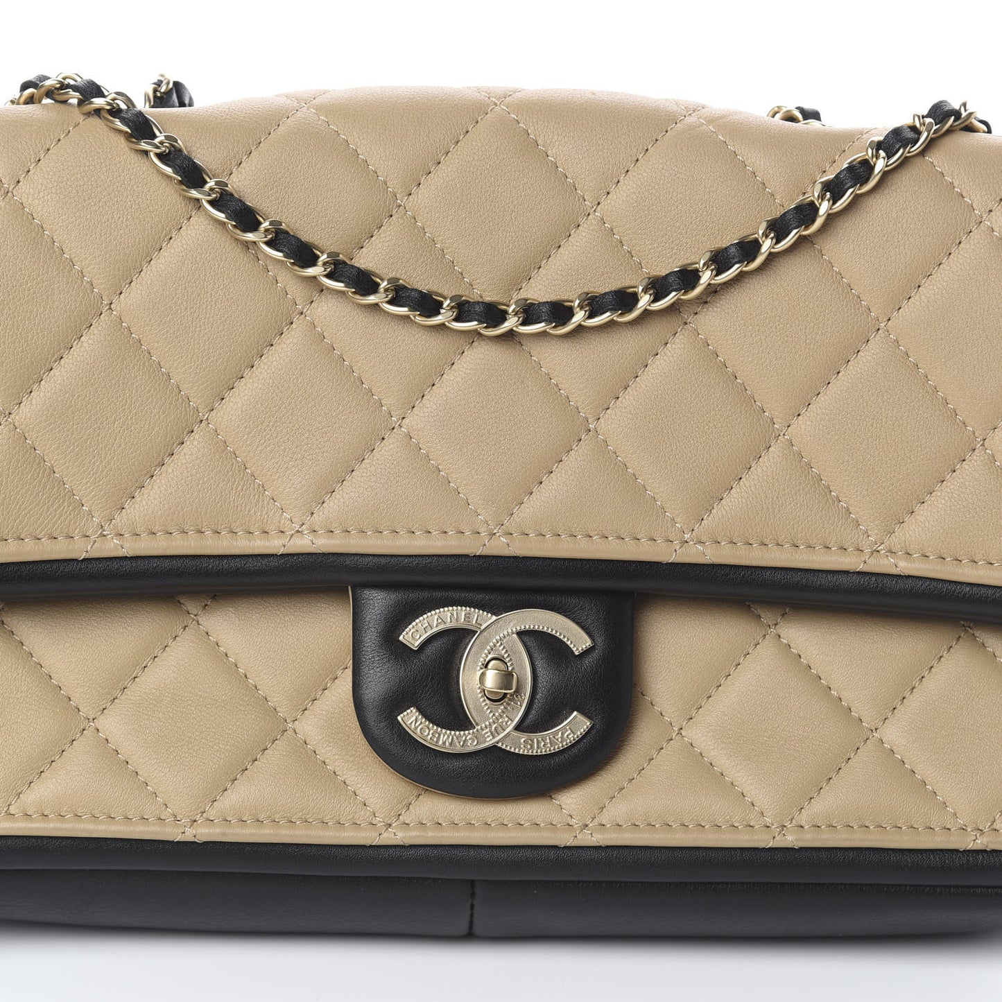 Calfskin Quilted Medium Graphic Flap Beige Black