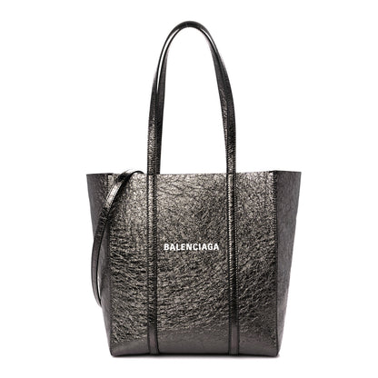 Balenciaga Metallic Textured Calfskin Logo Everyday Tote Black 1 of 10