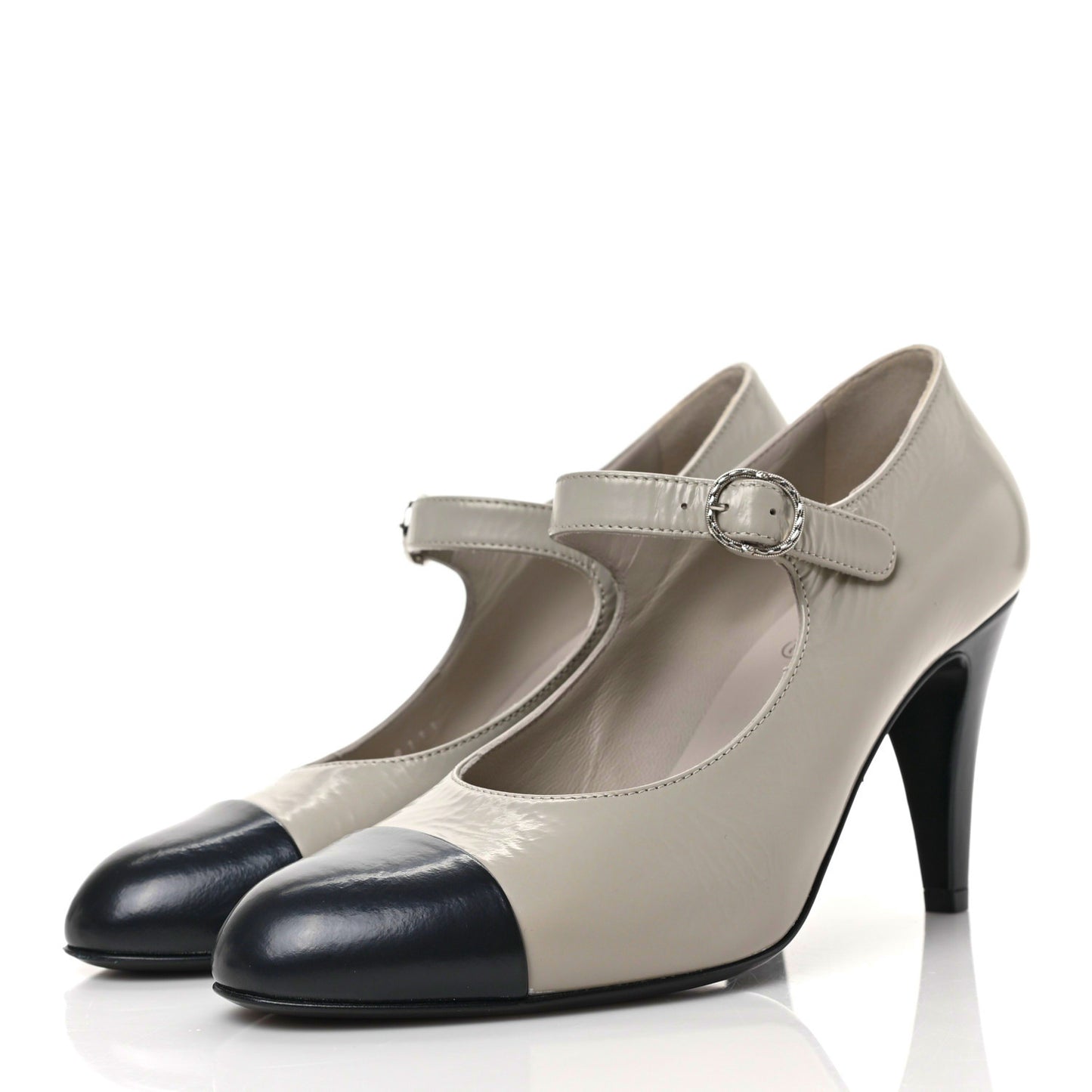 Shiny Goatskin Cap Toe Mary Jane Pumps 37.5 Black Dark Grey