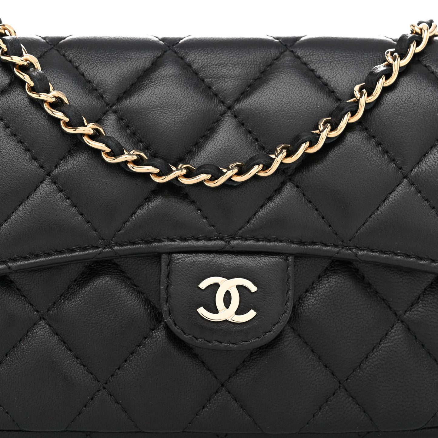 Lambskin Quilted Flap Phone Holder With Chain Black