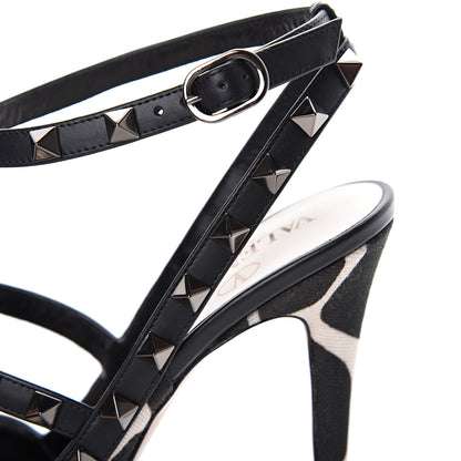 Valentino Garavani Canvas Giraffe Print Rockstud Ankle Strap Pumps 39 Black White 8 of 10
