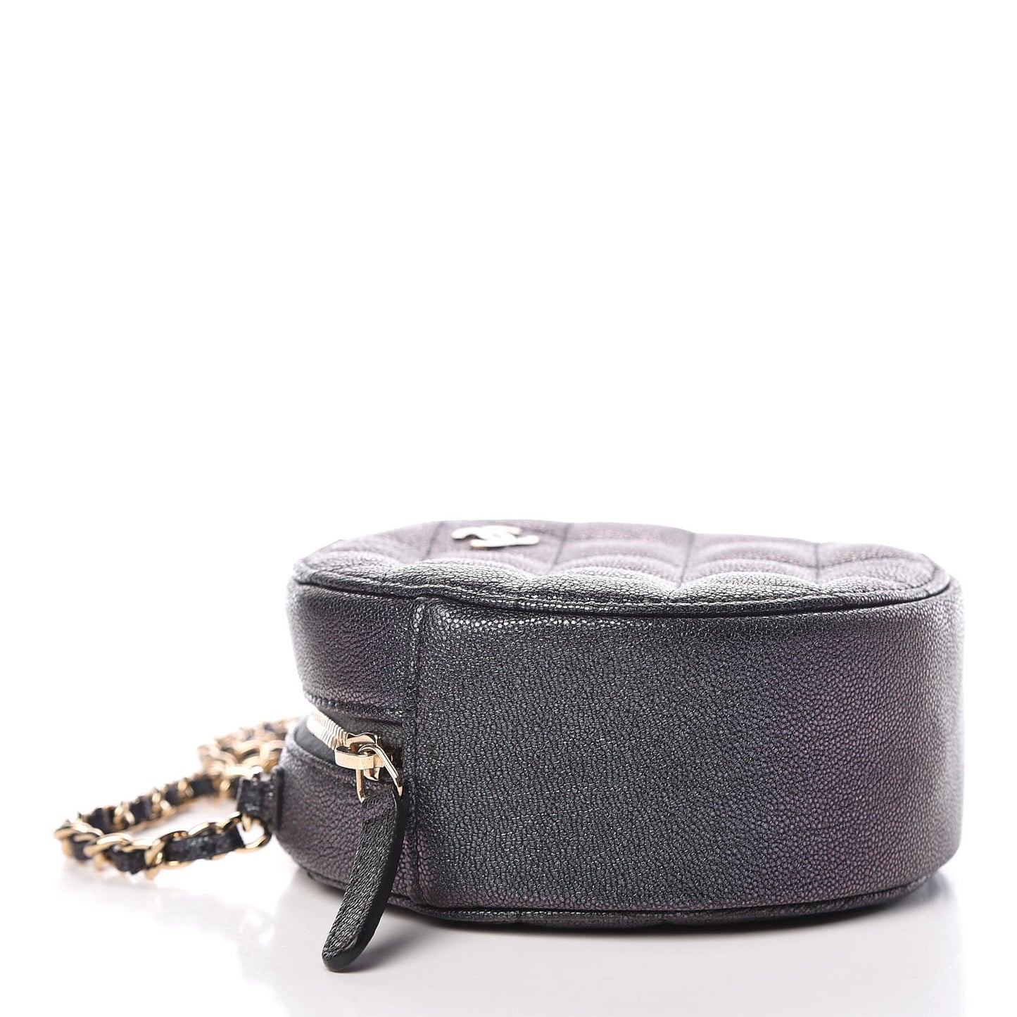 Iridescent Caviar Quilted Round Clutch With Chain Black