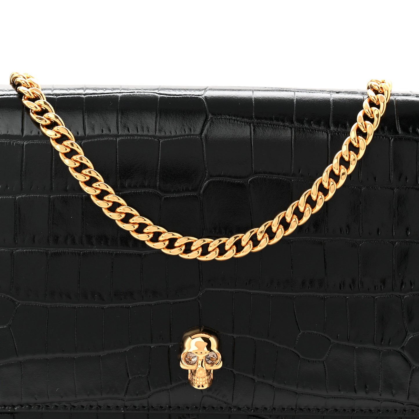 Calfskin Crocodile Embossed Skull Medium Shoulder Bag Black