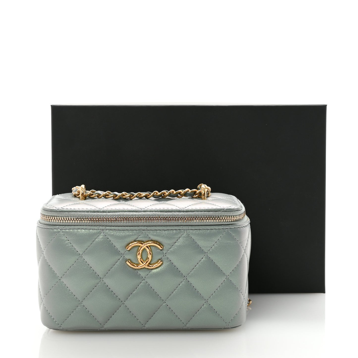 Metallic Lambskin Quilted Small CC Vanity Case With Chain Grey