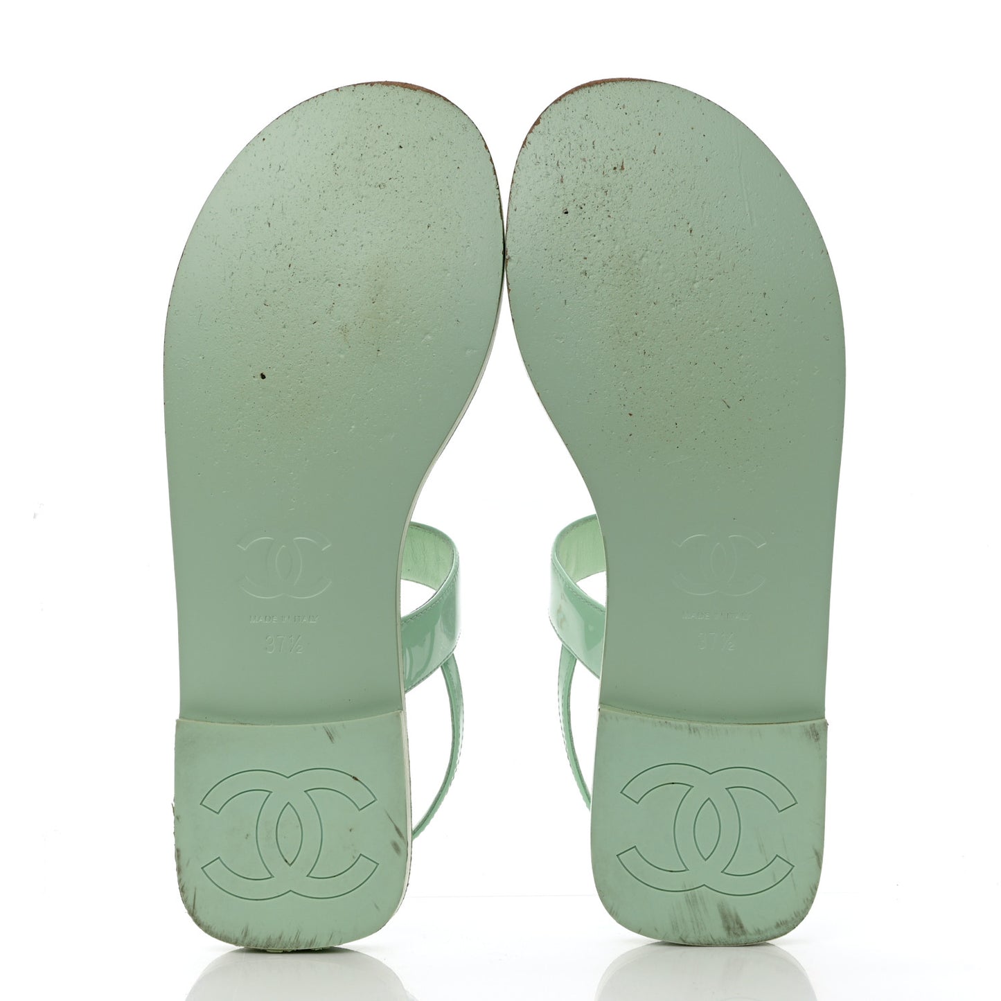 Lambskin Patent Chain CC Logo Thong Flat Sandals 37.5 Green