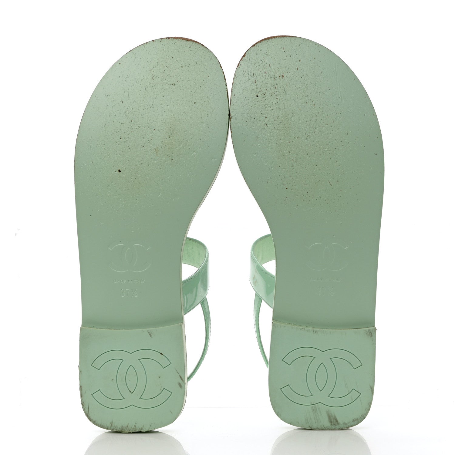 Chanel Lambskin Patent Chain CC Logo Thong Flat Sandals 37.5 Green 5 of 10