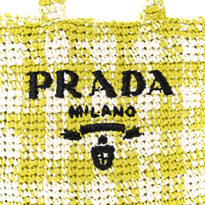 Prada Yarn Raffia Effect Crochet Embroidered Small Logo Tote Citron Yellow 8 of 10