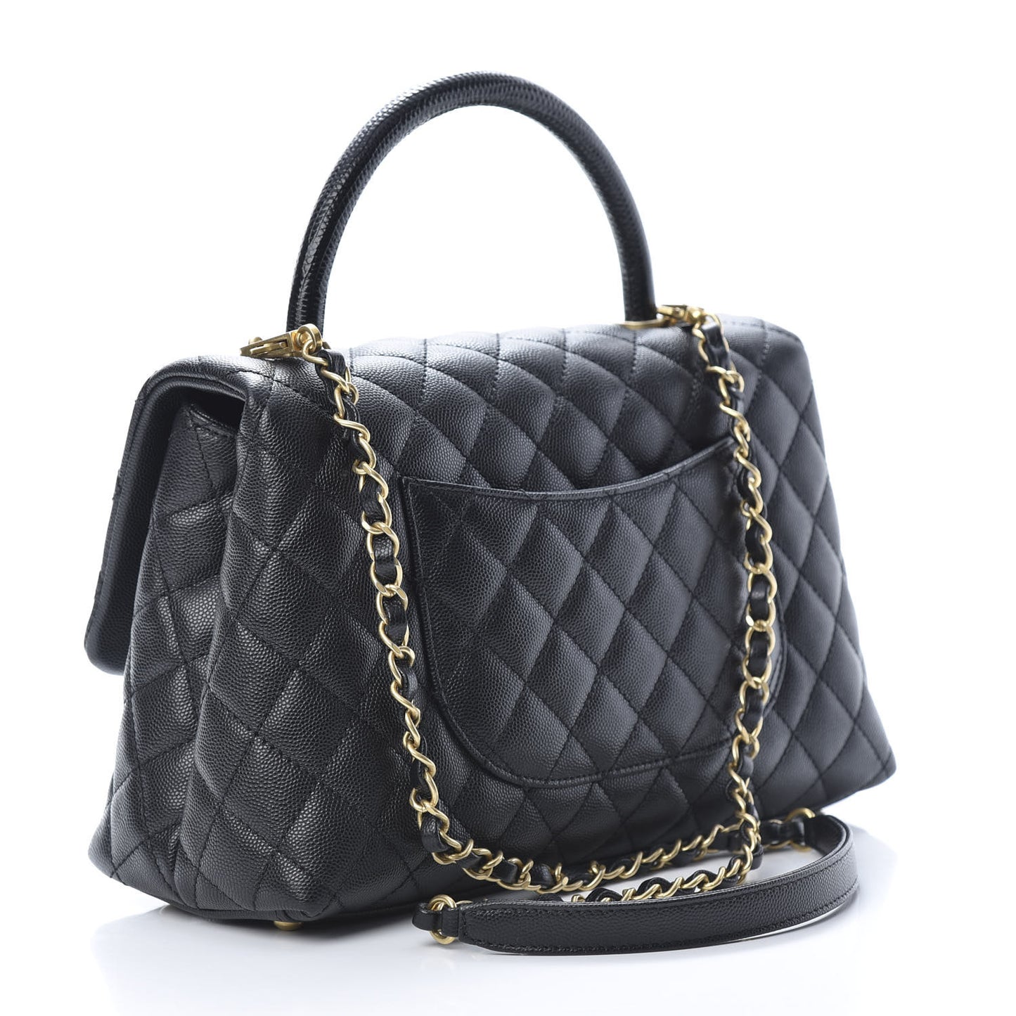 Caviar Lizard Embossed Quilted Small Coco Handle Flap Black