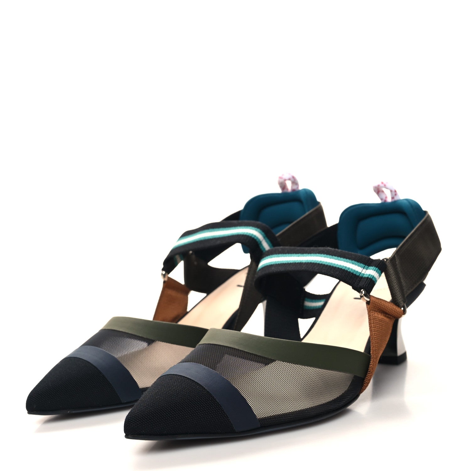 Fendi Technical Mesh Colibri 55mm Slingback Pumps 38 Black Verde Military 3 of 7