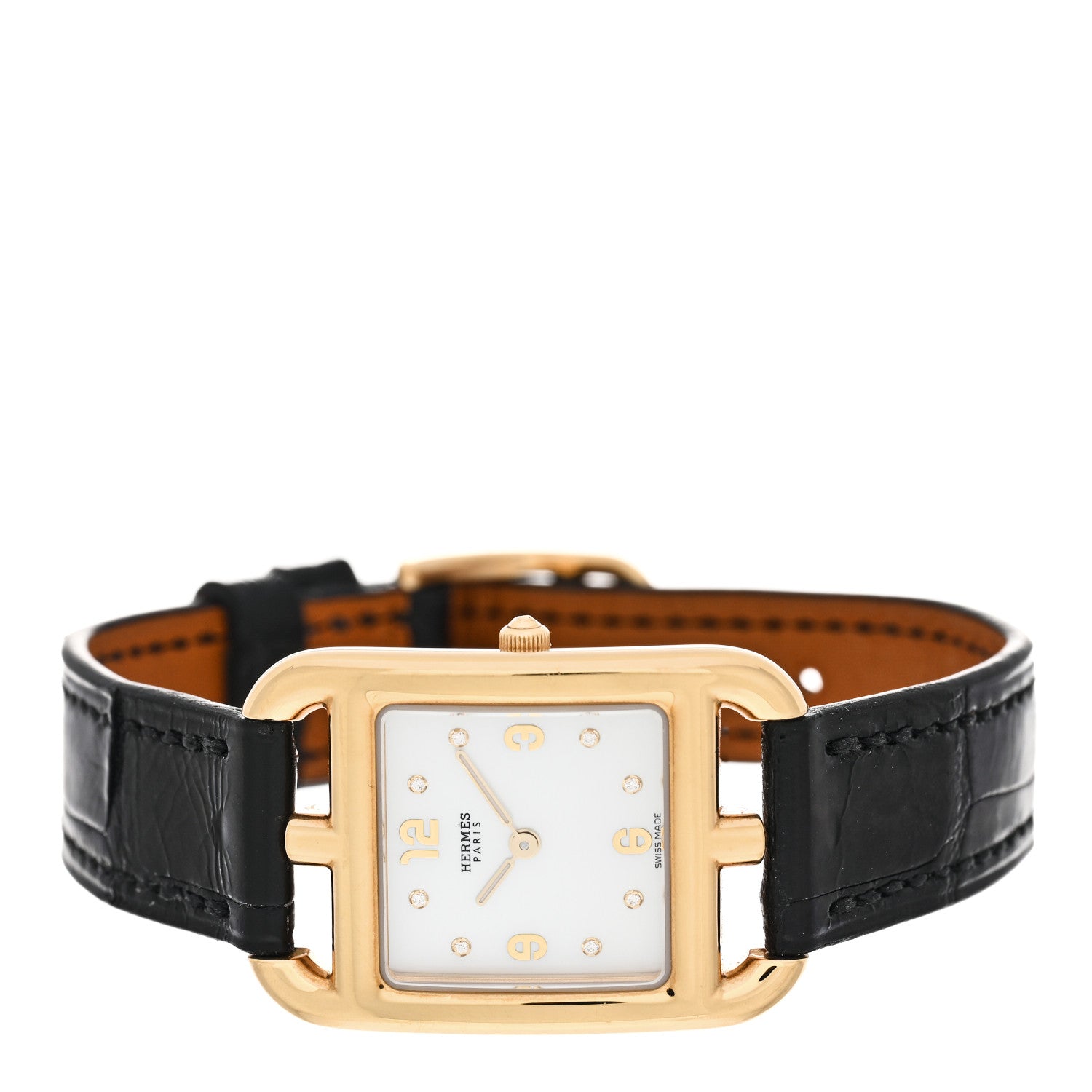 Hermes 18K Yellow Gold Alligator Diamond Mother of Pearl 23mm Cape Cod Quartz Watch Noir 2 of 5