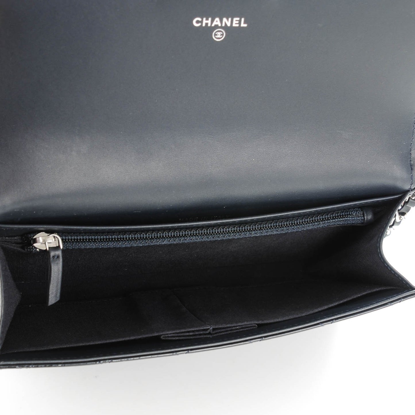 Patent Quilted Wallet On Removable Chain Navy Blue