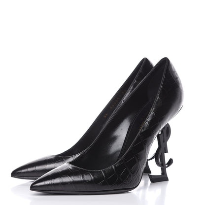Saint Laurent Calfskin Crocodile Embossed Opyum Pumps 38 Black 3 of 9