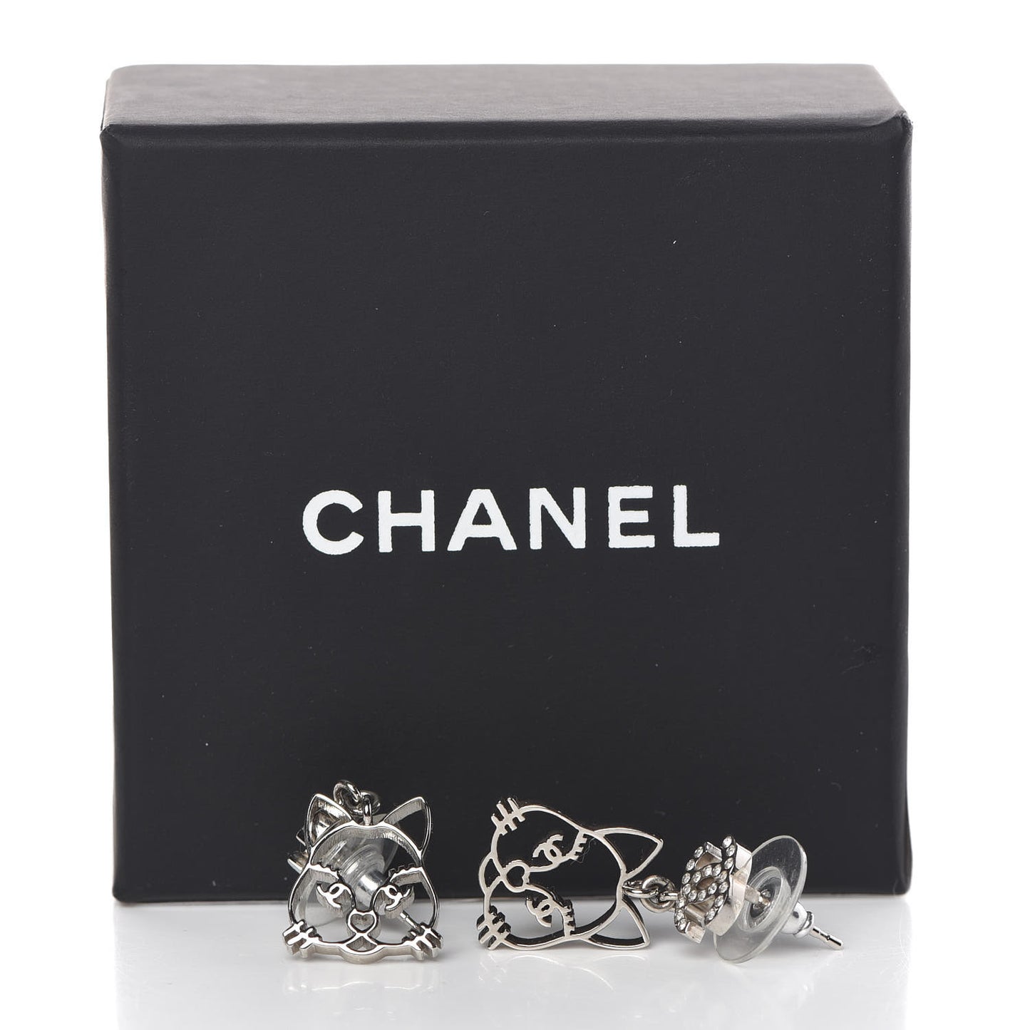 Crystal Emoji Choupette Cat CC Earrings Silver
