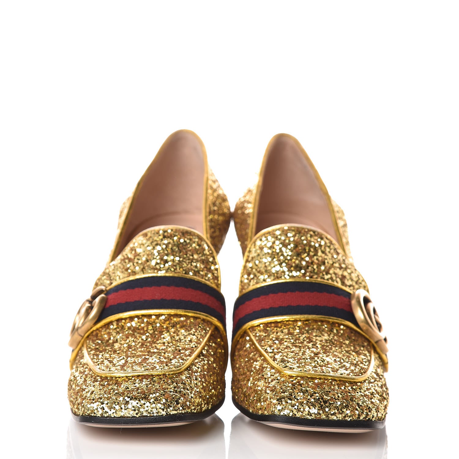 Gucci Glitter Nappa Web Peyton 75mm Loafer Pumps 39 Oro Vecchio 2 of 10