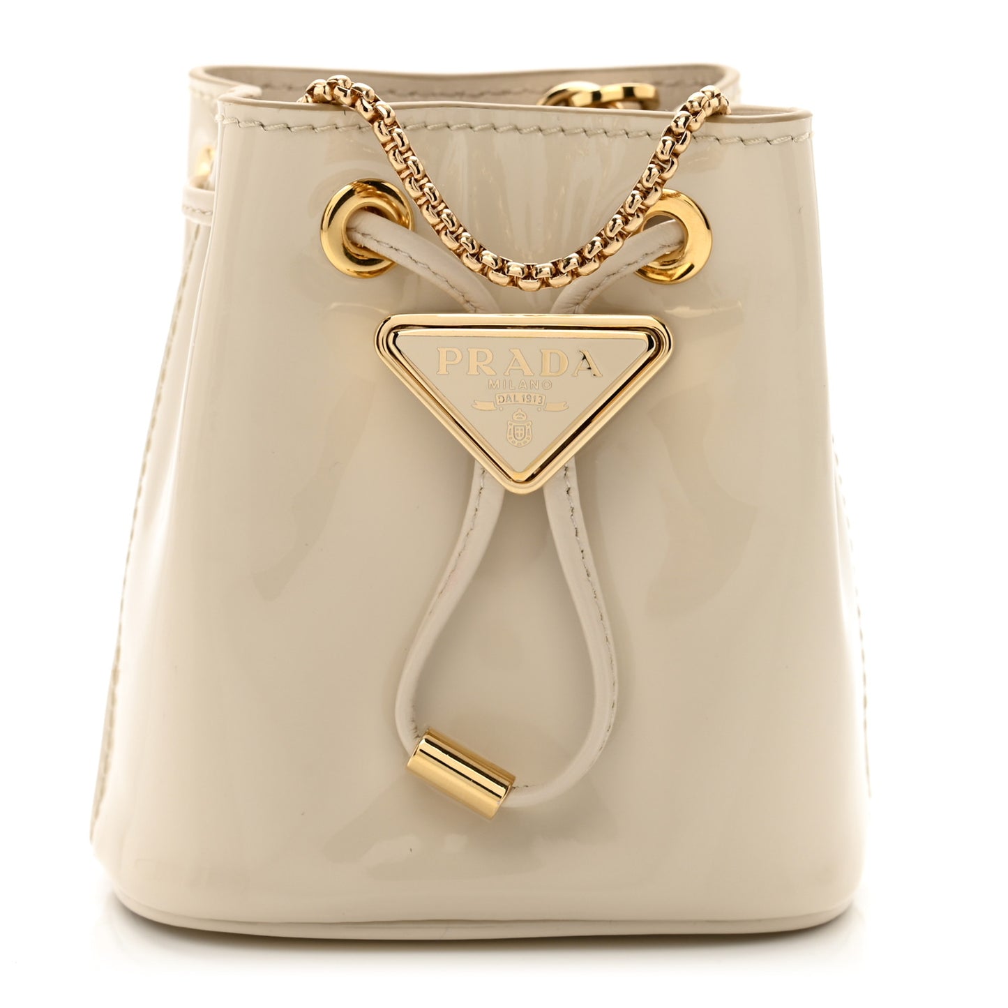 Vernice Metal Triangle Logo Mini Drawcord Pouch Shoulder Bag Avorio