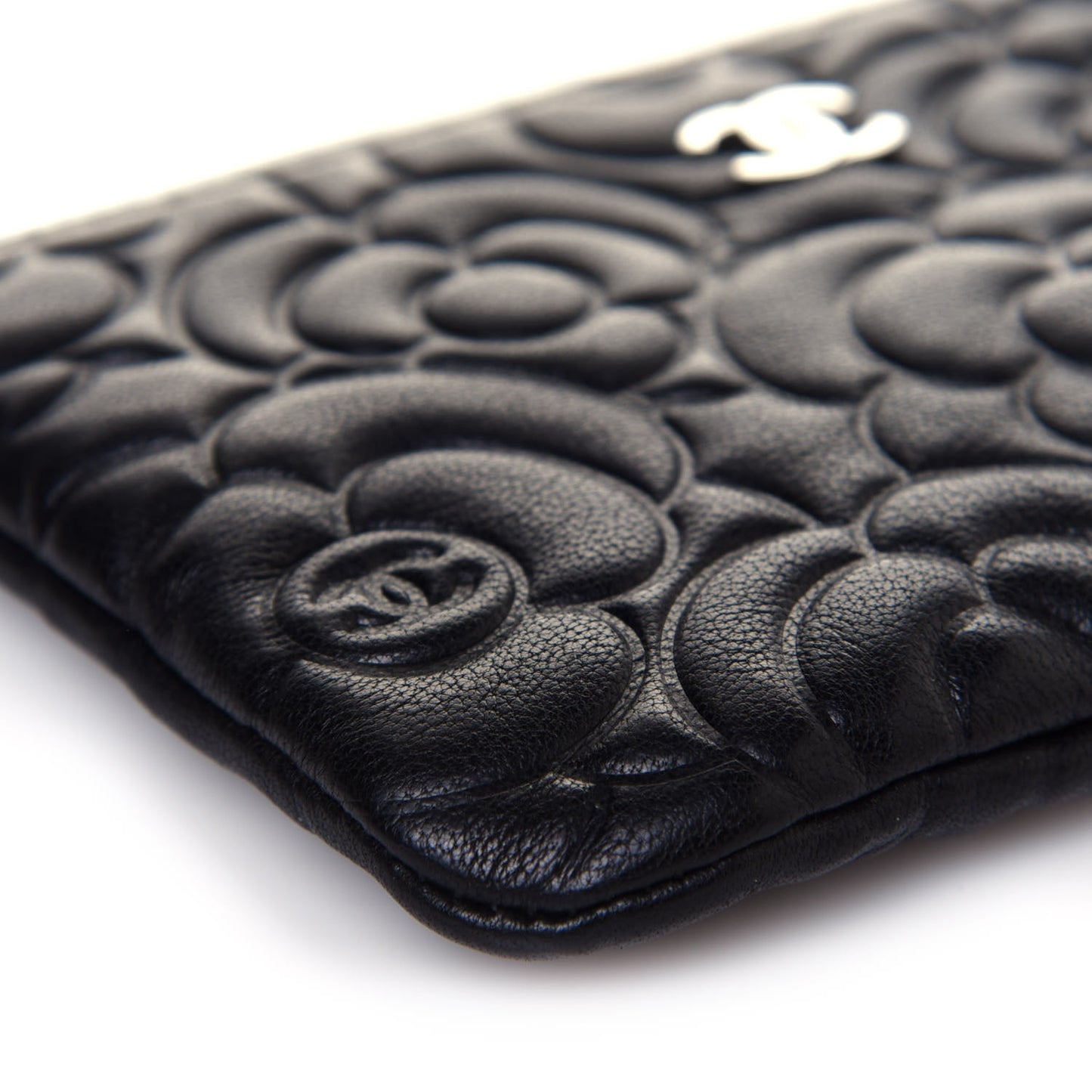 Goatskin Camellia Embossed Cosmetic Pouch Black