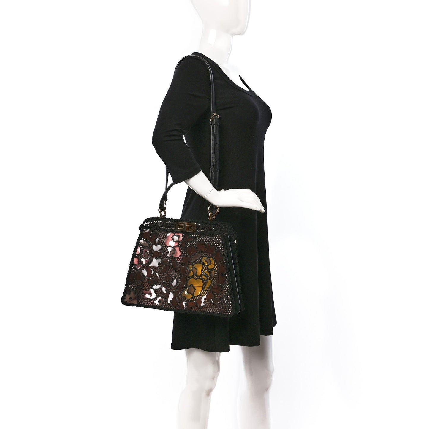 Calfskin Lace Medium Peekaboo I SEE U Satchel Black Multicolor Light Rose