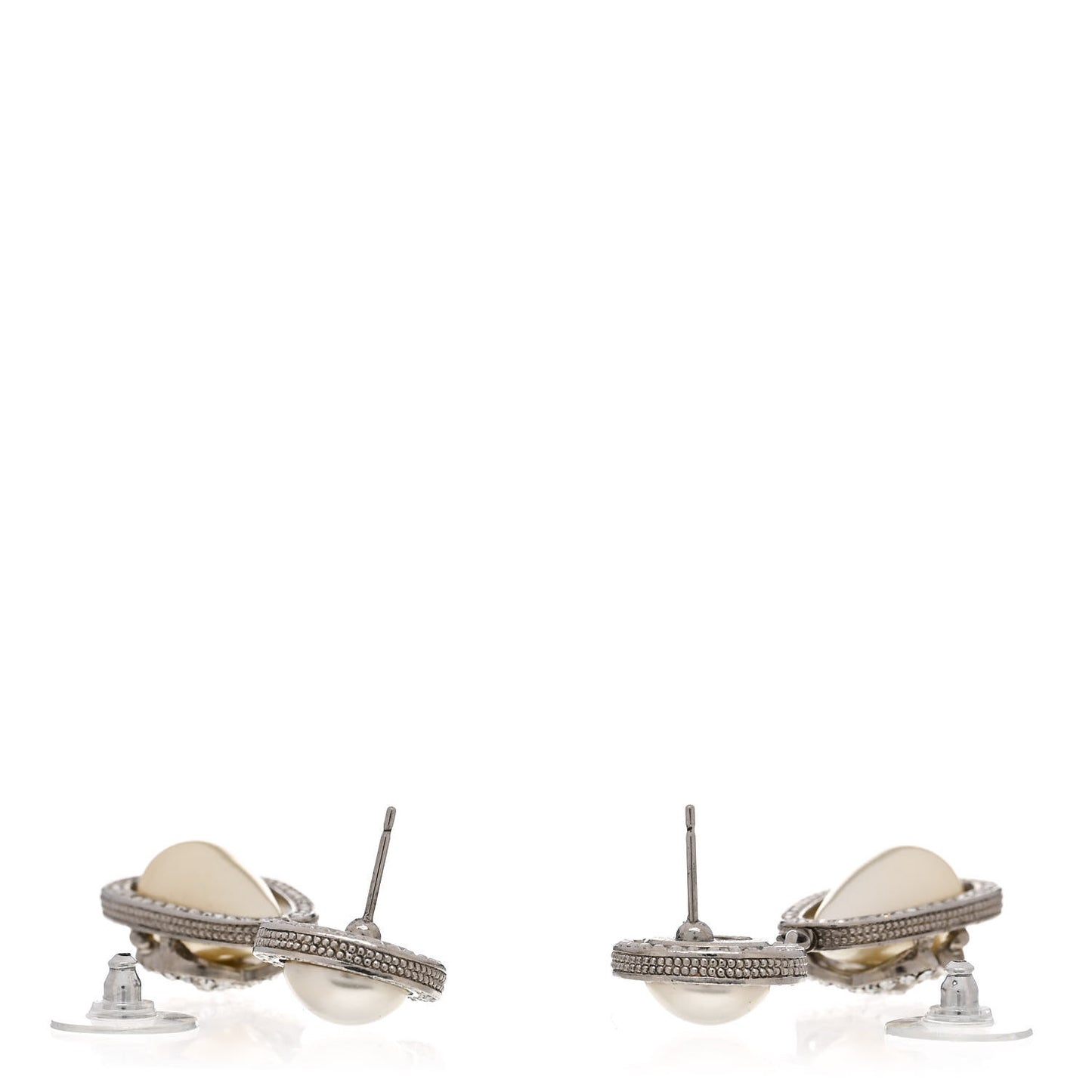 Metal Crystal Pearl CC Drop Earrings Silver