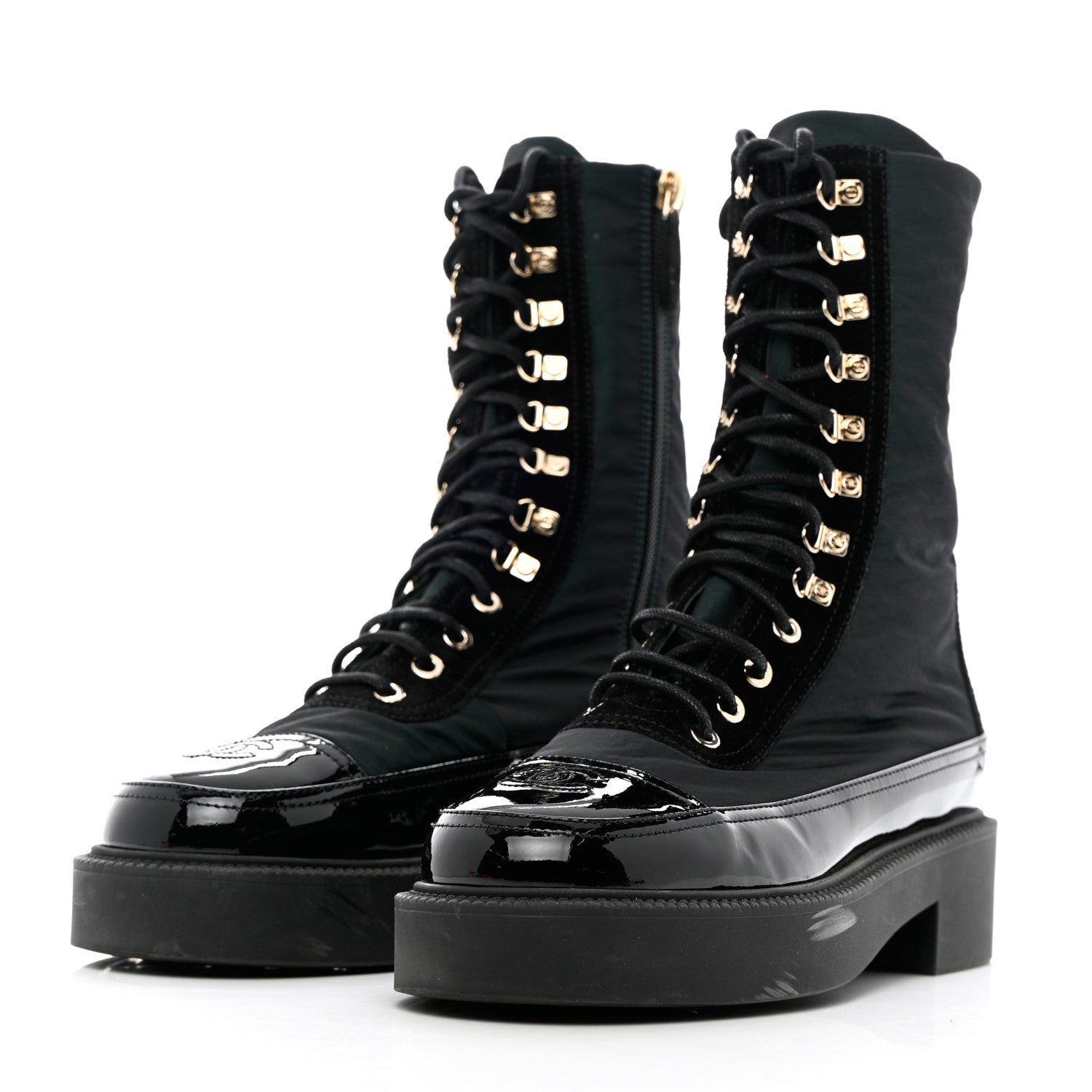 Chanel Calfskin Knit Lace Up Combat Boots 38 Black Green 3 of 15