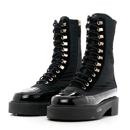 Chanel Calfskin Knit Lace Up Combat Boots 38 Black Green 3 of 15