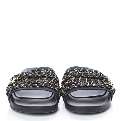 Chanel Satin Chain Slides Sandals Flats 38 Marine 2 of 11