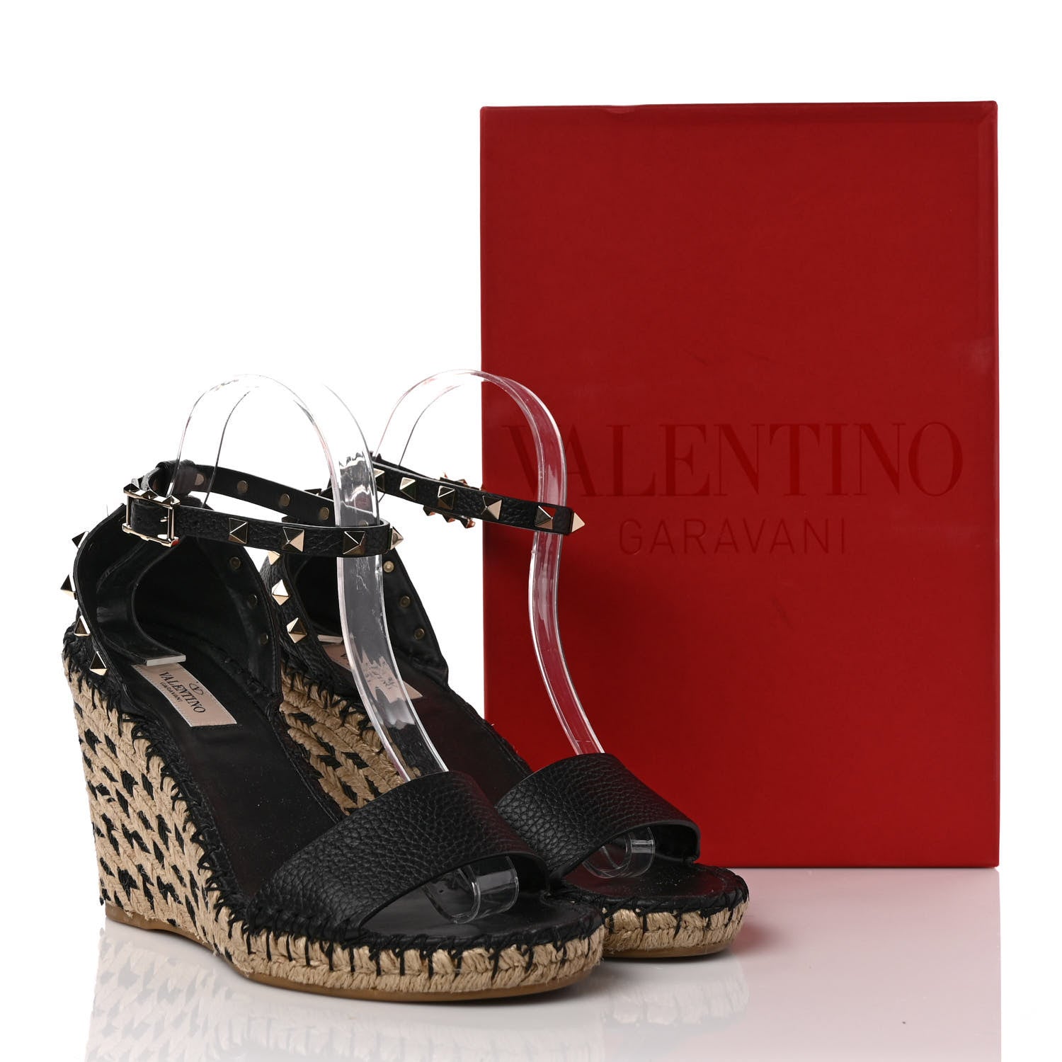 Valentino Garavani Grained Calfskin Rockstud Ankle Strap Espadrille 15/105mm Wedge Sandals 39 Black Natural 8 of 8