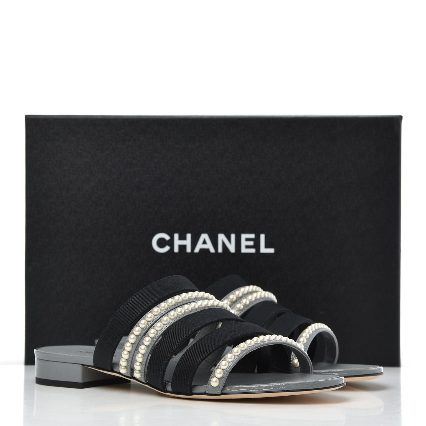 Patent Grosgrain CC Pearl Mules 38 Grey Black